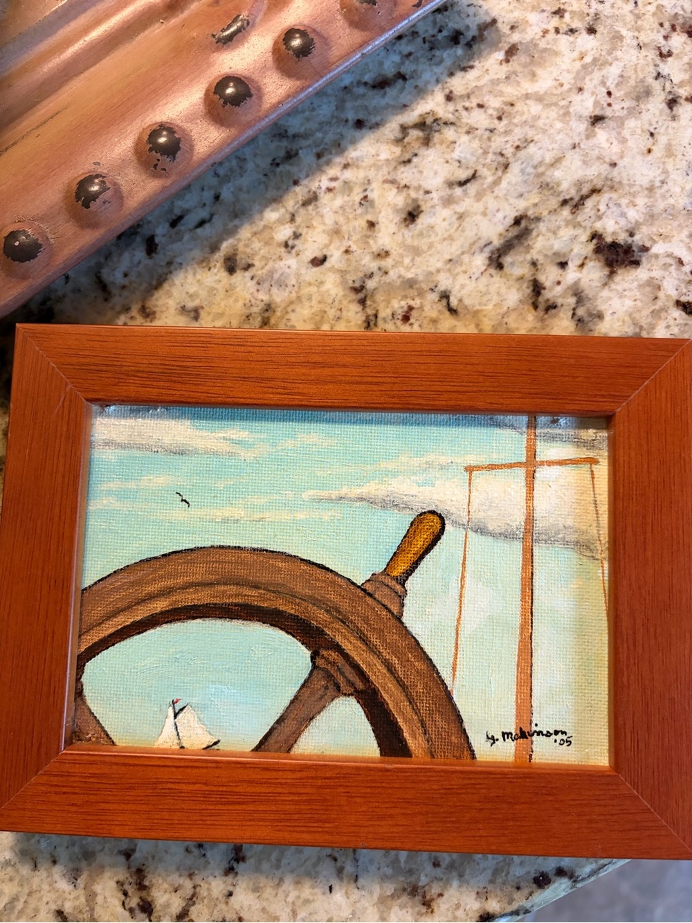Framed Original Oil Painting by George Makinson of Ships Wheel